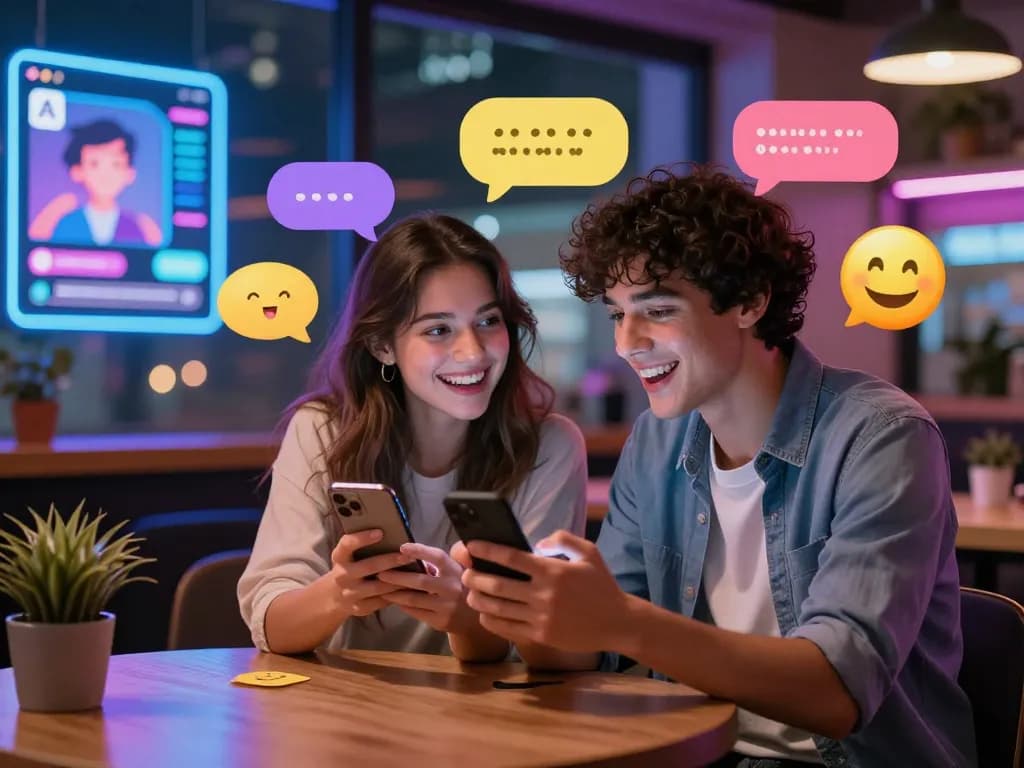 A couple enjoying engaging sexting AI interactions in a modern chat environment filled with playful emojis and vibrant neon lighting.