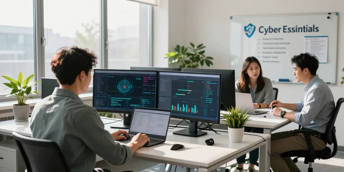 Cyber essentials accreditation showcased in a modern office with analysts working diligently on compliance strategies.