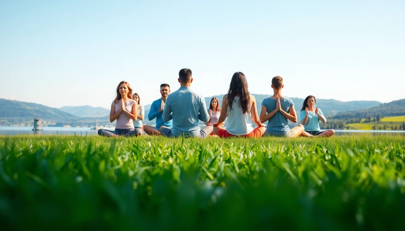 Group meditation for managing stress and anxiety in a serene outdoor setting.
