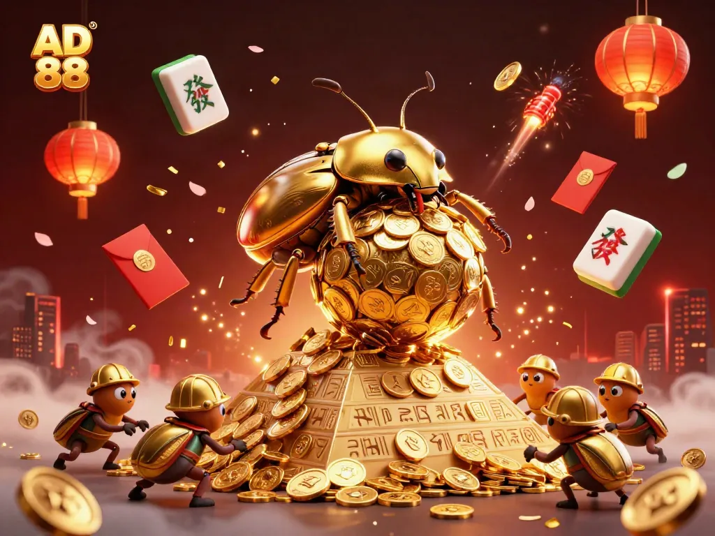 Engaging scene showcasing AD 88, featuring a golden dung beetle rolling coins, depicting casino excitement.