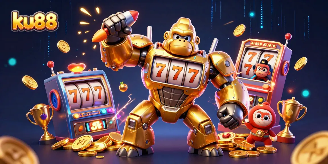 Engage with ku88's thrilling slots experience featuring a golden gorilla mech and dynamic elements.