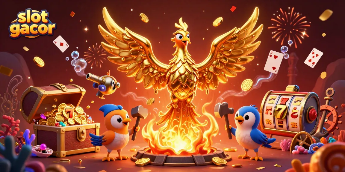 Slot gacor menampilkan ilustrasi kasino dengan phoenix emas dan harta karun yang bercahaya.