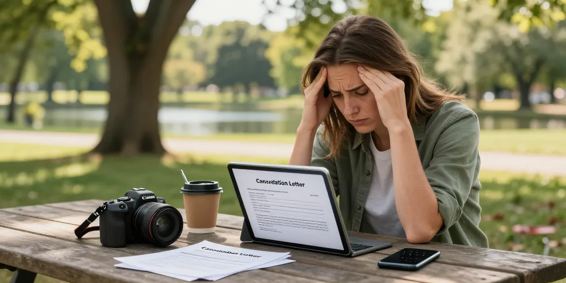 Stressed owner reviewing documents to cancel my timeshare in a peaceful park setting.