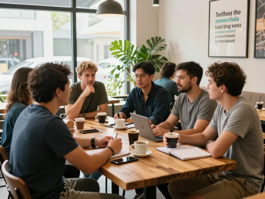 Men club gathering in a cozy café discussing mental health support.