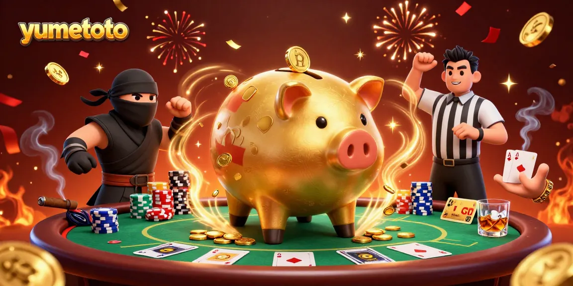 Engage with yumetoto's vibrant casino energy as golden coins cascade from a sumo wrestler amidst poker excitement.