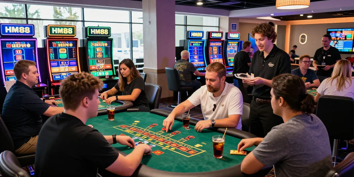 Engaged players enjoying HM88 online games in a vibrant casino atmosphere.