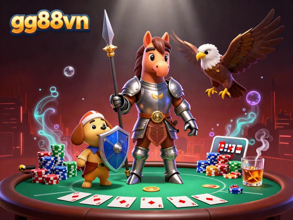 Experience the excitement of gg88vn with a knight, puppy, and falcon in a vibrant casino scene.