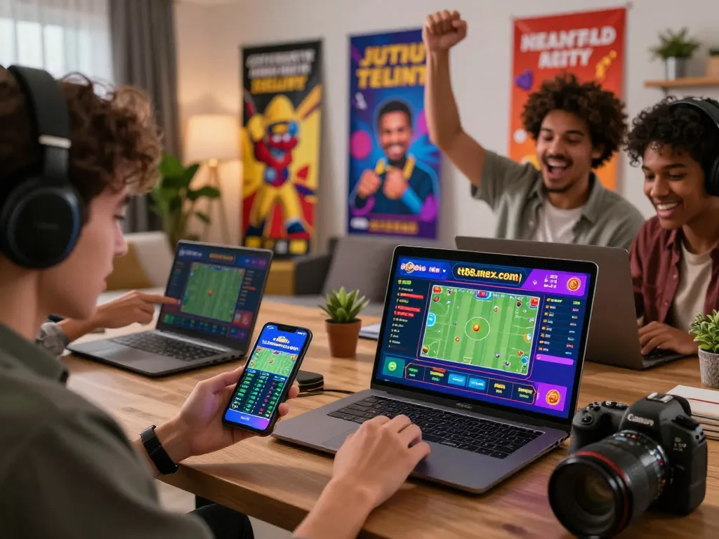 Engaged players using laptops and smartphones at home, exploring betting options on https://tt88.mex.com/.