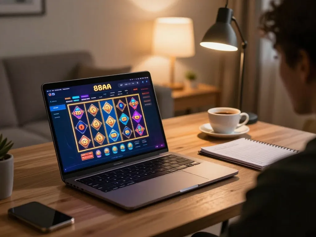 Engaged player accessing link 88aa on a laptop in cozy home setting, showcasing online casino experience.
