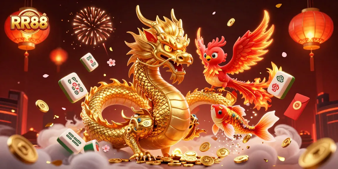 Experience the thrill of RR88 with a powerful dragon, phoenix, and koi fish surrounded by dynamic casino elements.