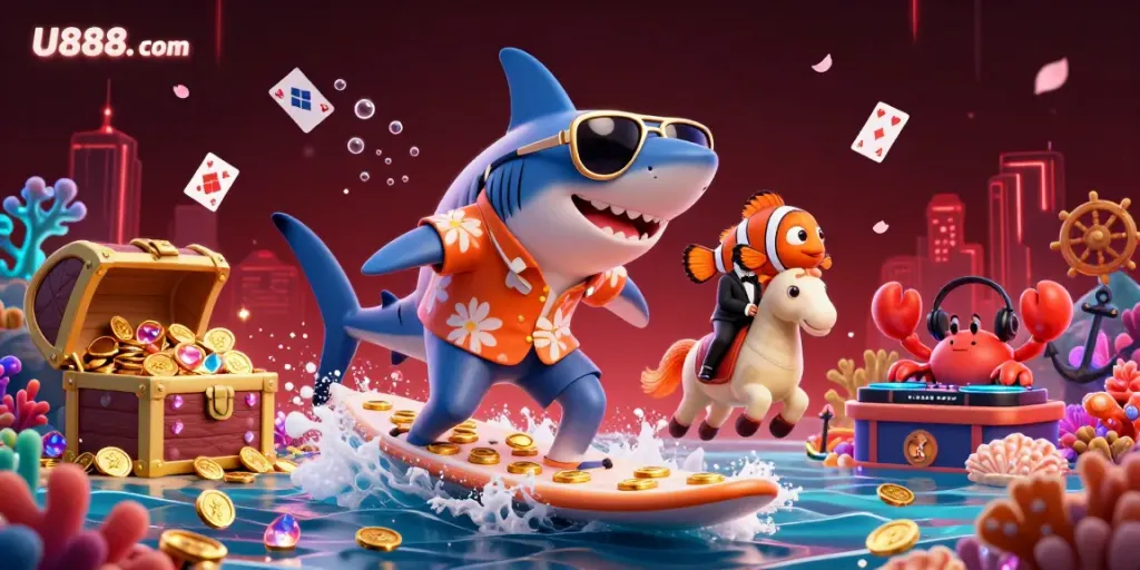 Surf the gold waves with U888. com's vibrant 3D casino adventure featuring a hammer-head shark and treasure.