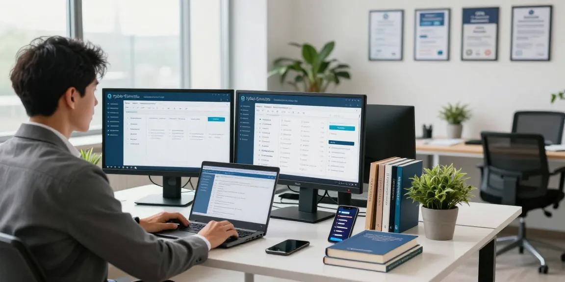 Cyber Essentials accreditation process in a professional office setup, showcasing compliance dashboards and cybersecurity resources.