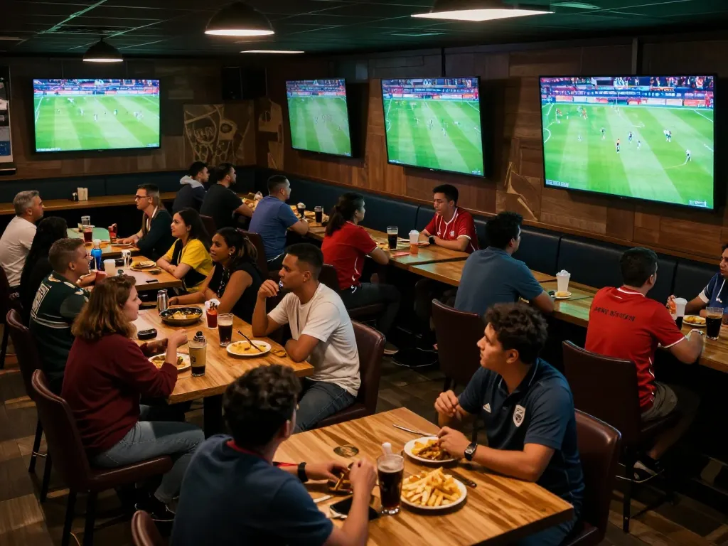 Socolive trực tiếp bóng đá gathering fans celebrating with drinks and snacks in a lively sports bar