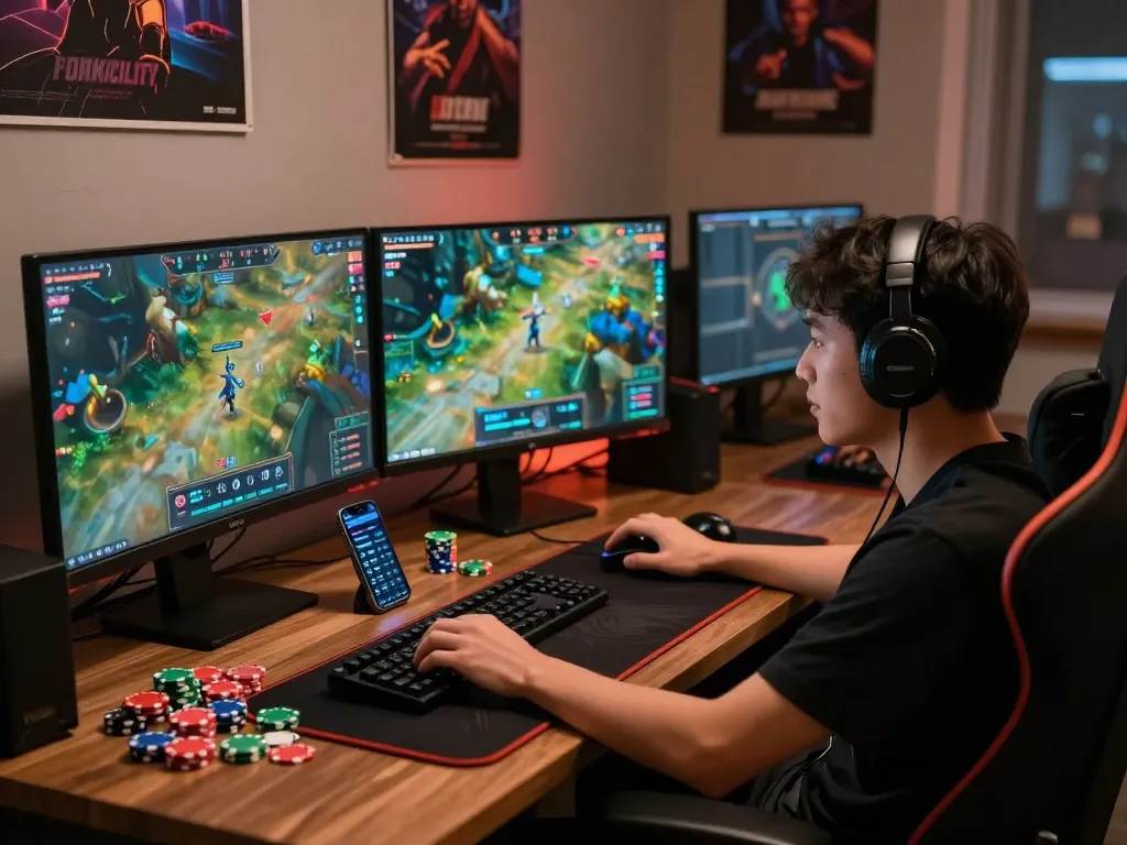 Engaged gamer enjoying the rik vip online gaming experience at a stylish setup with vibrant graphics and scattered chips.