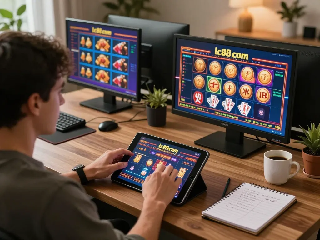 Engaged player using tablet for online casino experience on lc88 com, showcasing poker and slot games