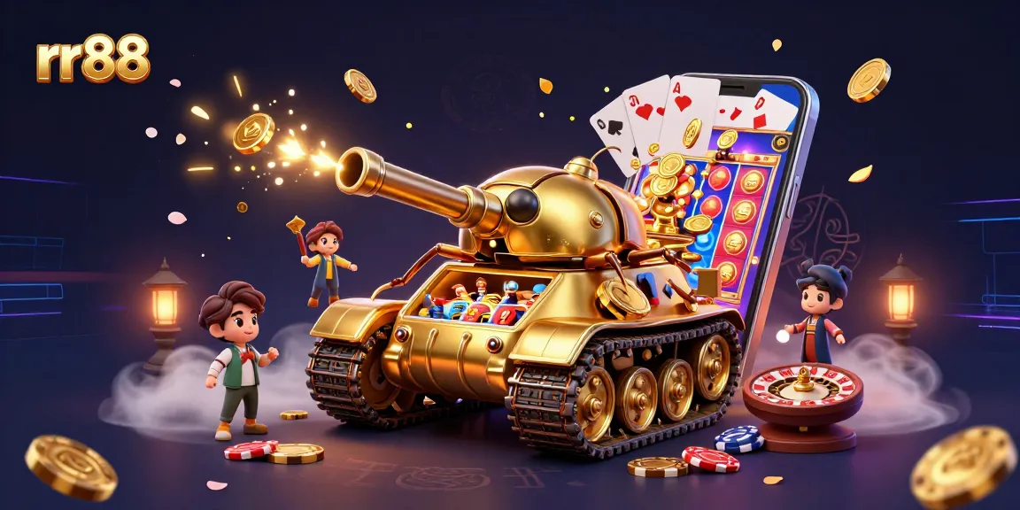 Experience the thrill at rr88 with a vibrant, digital casino scene featuring lavish games, sparkling coins, and fun characters.