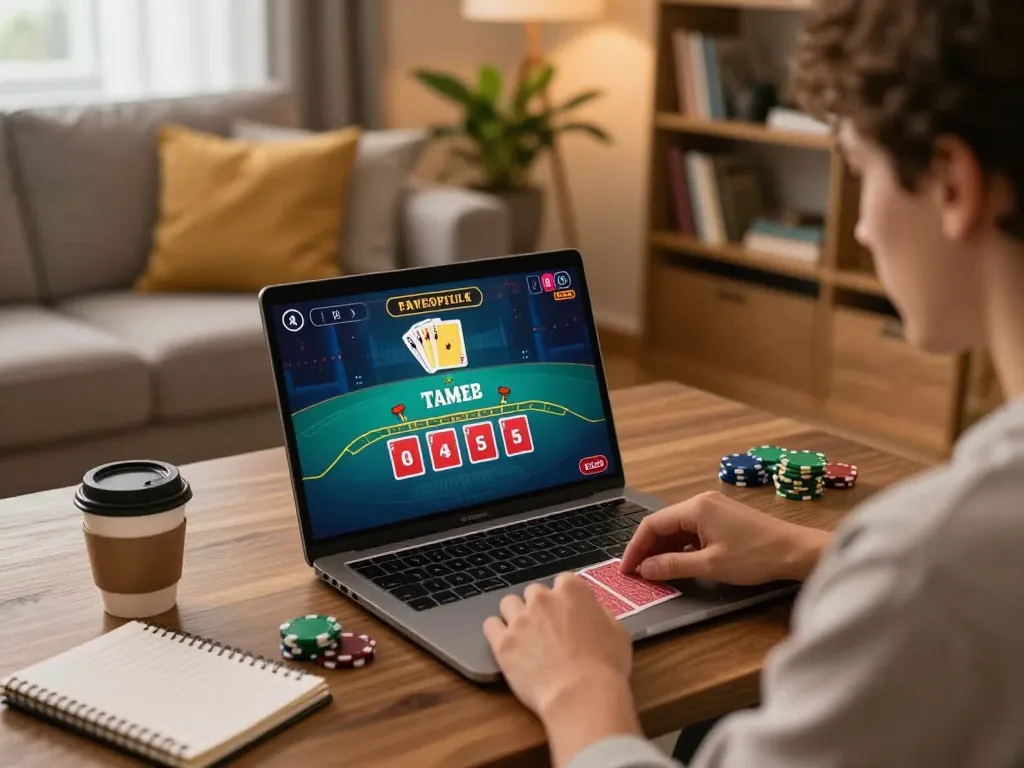 Player engaging in live dealer blackjack on laptop at home, representing nhà cái Net88 gaming experience.