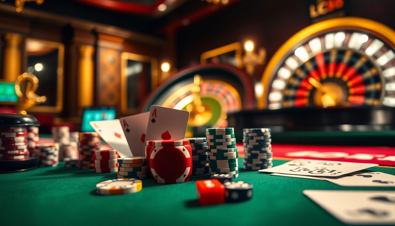 Experience the vibrant gaming atmosphere at lc88.com with an elegant poker table, cards, and chips.