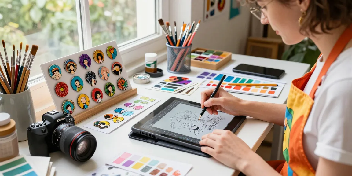 Creating custom pins in a vibrant workspace with art supplies and colorful designs.
