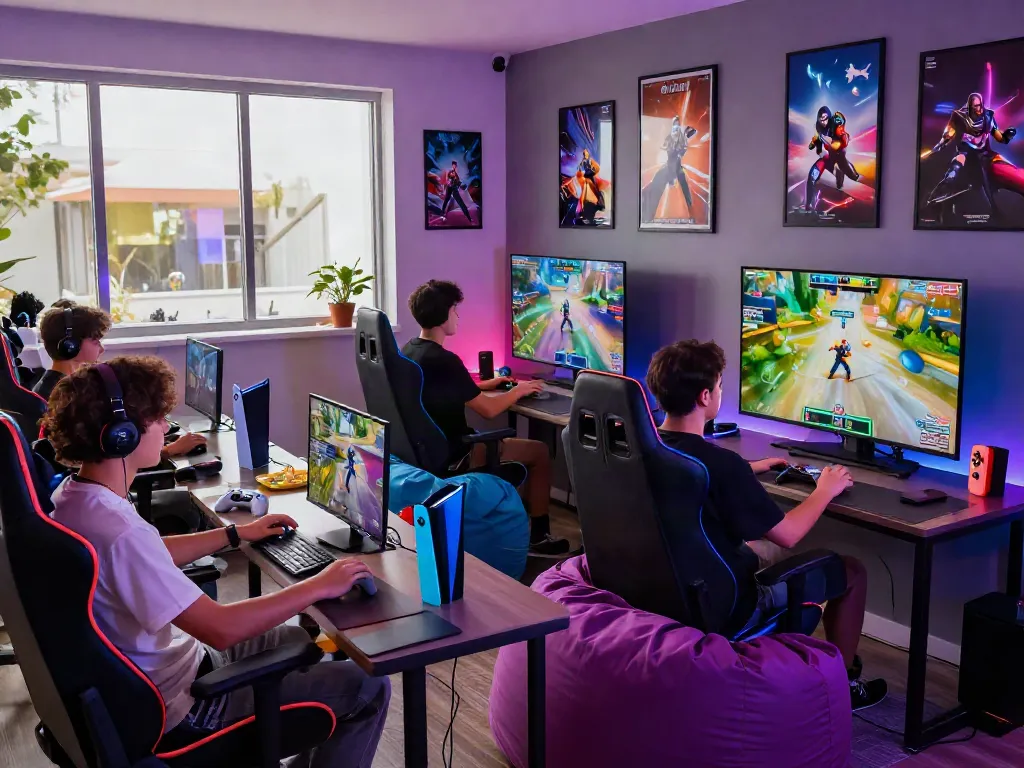 Gamers immersed in rokok88 gaming experience in a stylish lounge setting.