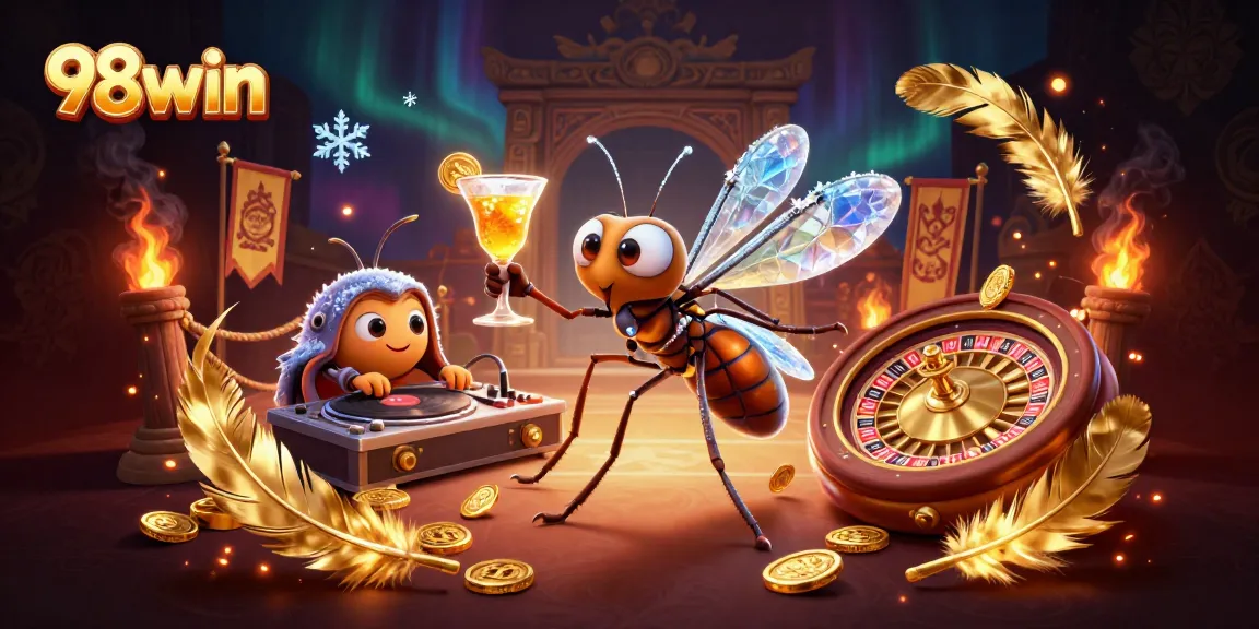 Experience the excitement of 98win with a cartoon mosquito mascot, DJ trilobite, and golden roulette wheel.