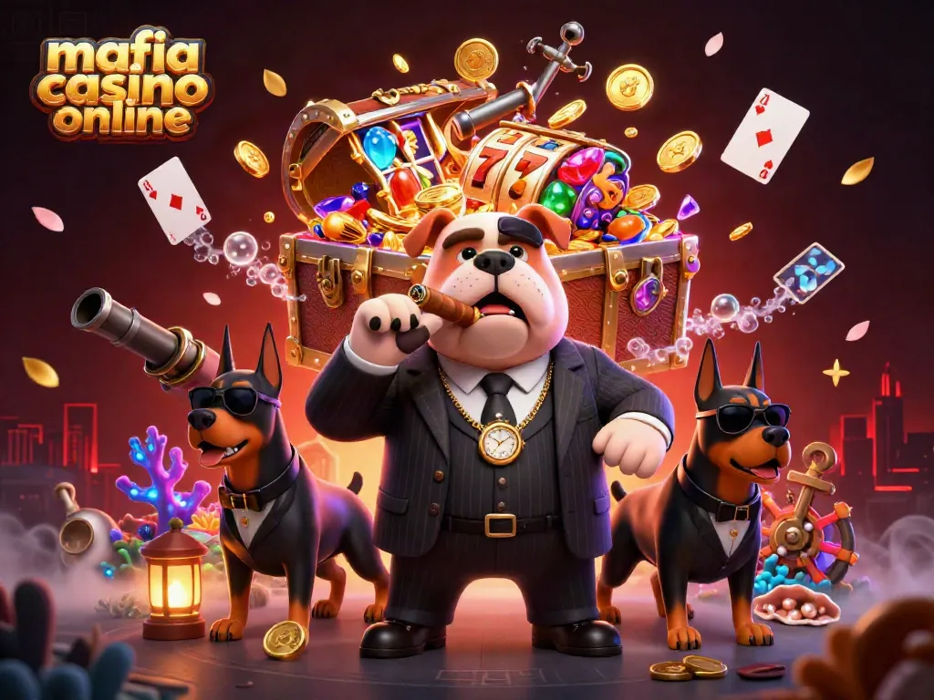 Mafia casino online illustration featuring a buldog boss and slots, surrounded by treasure and gems.