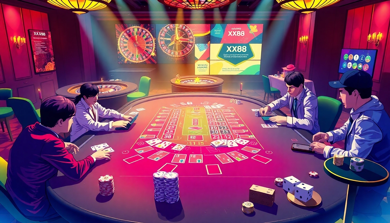 Players enjoying a luxurious Baccarat game at XX88 casino table, showcasing excitement and strategy.