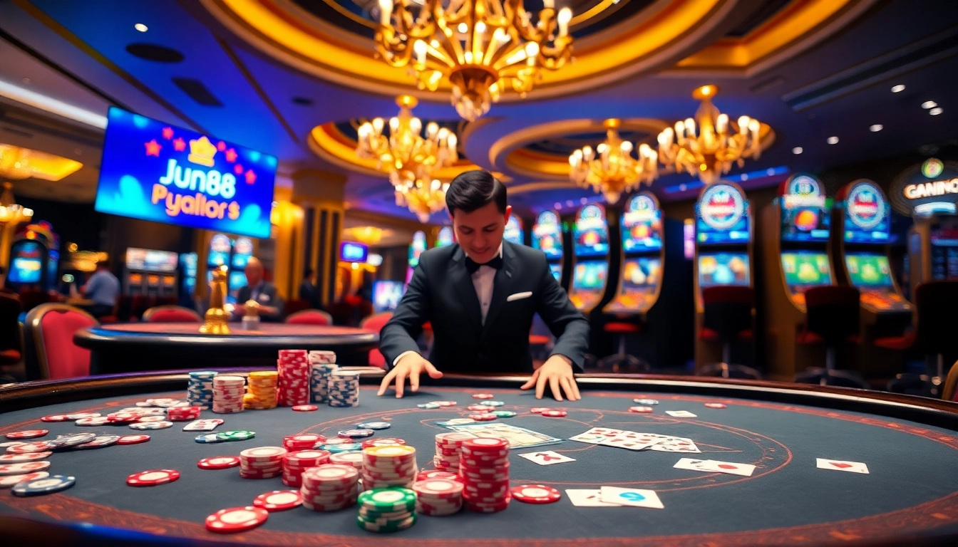 Experience the thrill of online gambling at jun88 com with poker chips and a lively casino atmosphere.
