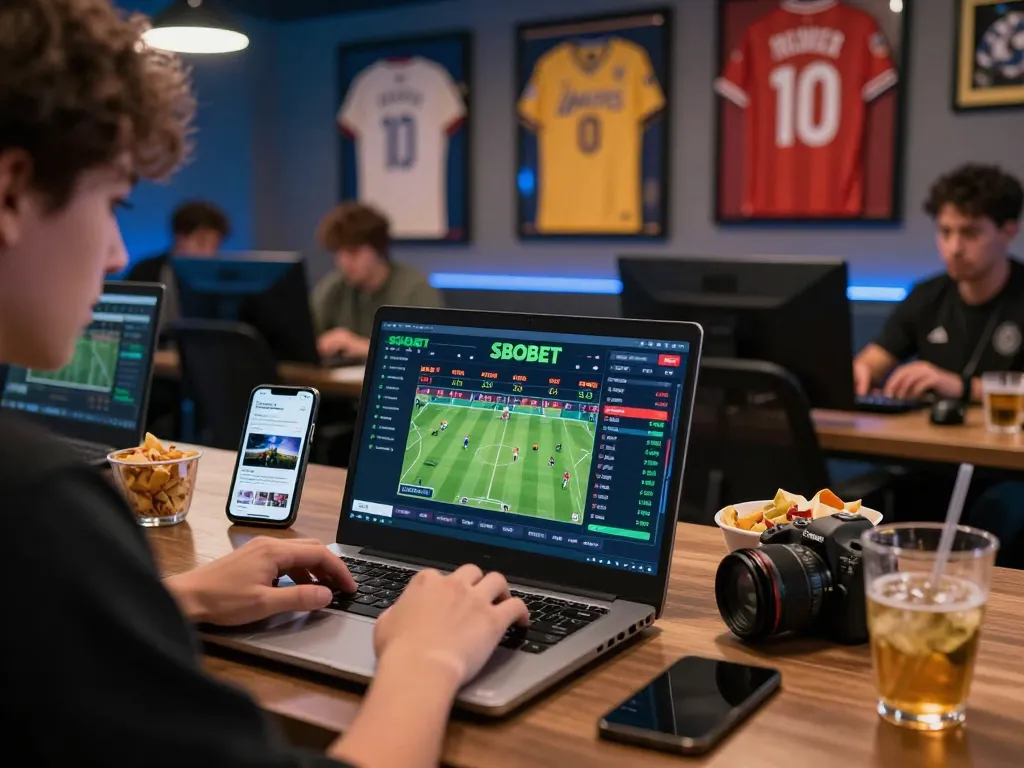 SBOBET betting scene with a person engaged in live sports wagering, modern workspace, vibrant atmosphere.