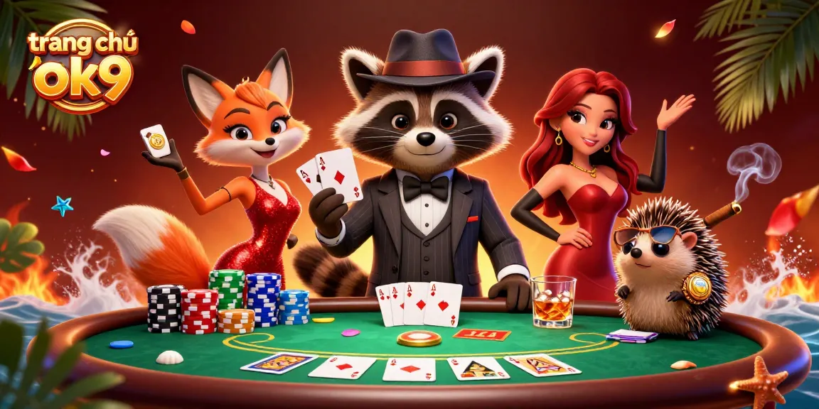 Experience the excitement at trang chủ ok9 with a suave raccoon and friends at a vibrant casino scene.
