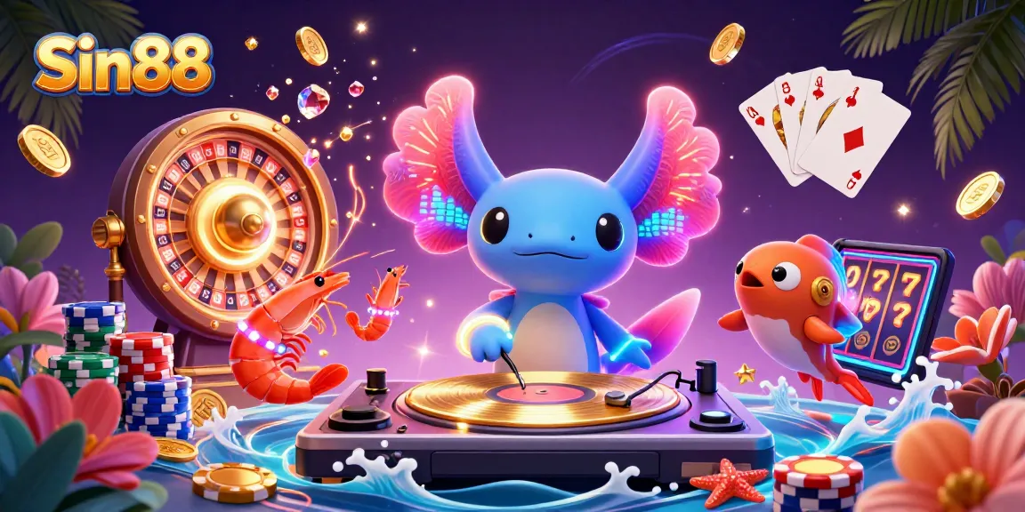 Watch Sin88's vibrant 3D casino characters spin records and fly lucky symbols in a dazzling underwater scene.