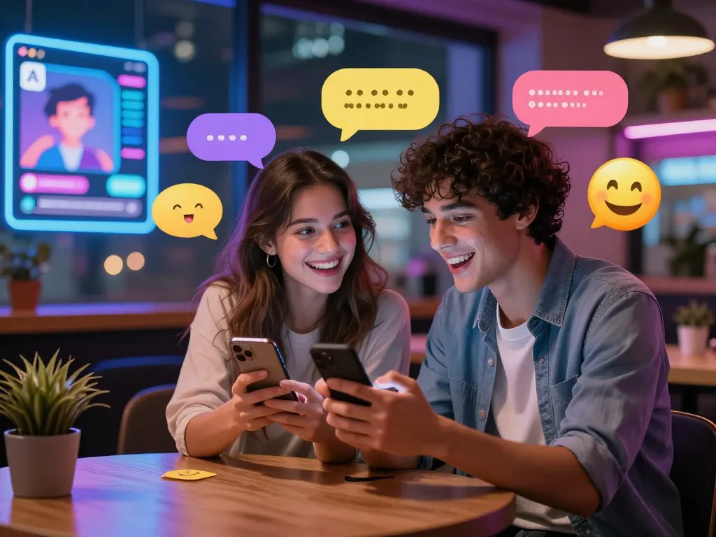 A couple enjoying engaging sexting AI interactions in a modern chat environment filled with playful emojis and vibrant neon lighting.