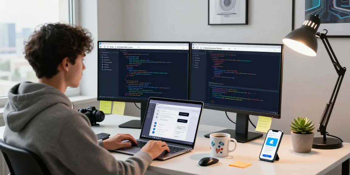 Developer using the Telegram Web Version on dual monitors in a modern workspace.
