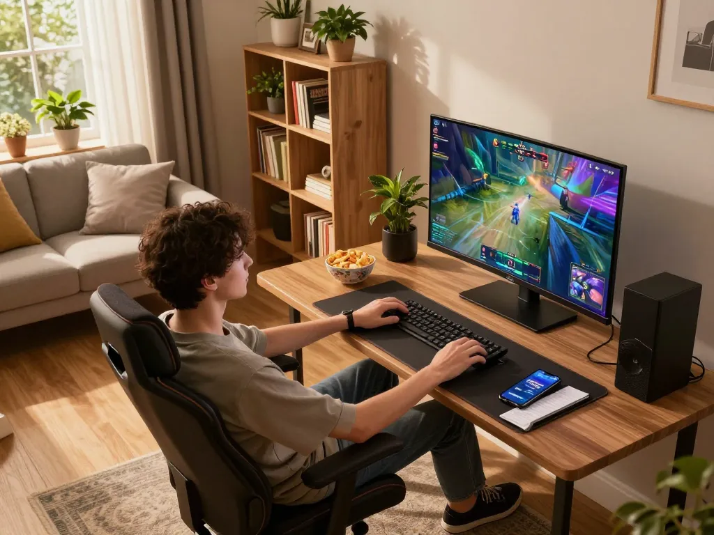 Engaging PH22 online gameplay scene in a cozy living room with a person using a tablet for gaming enjoyment.