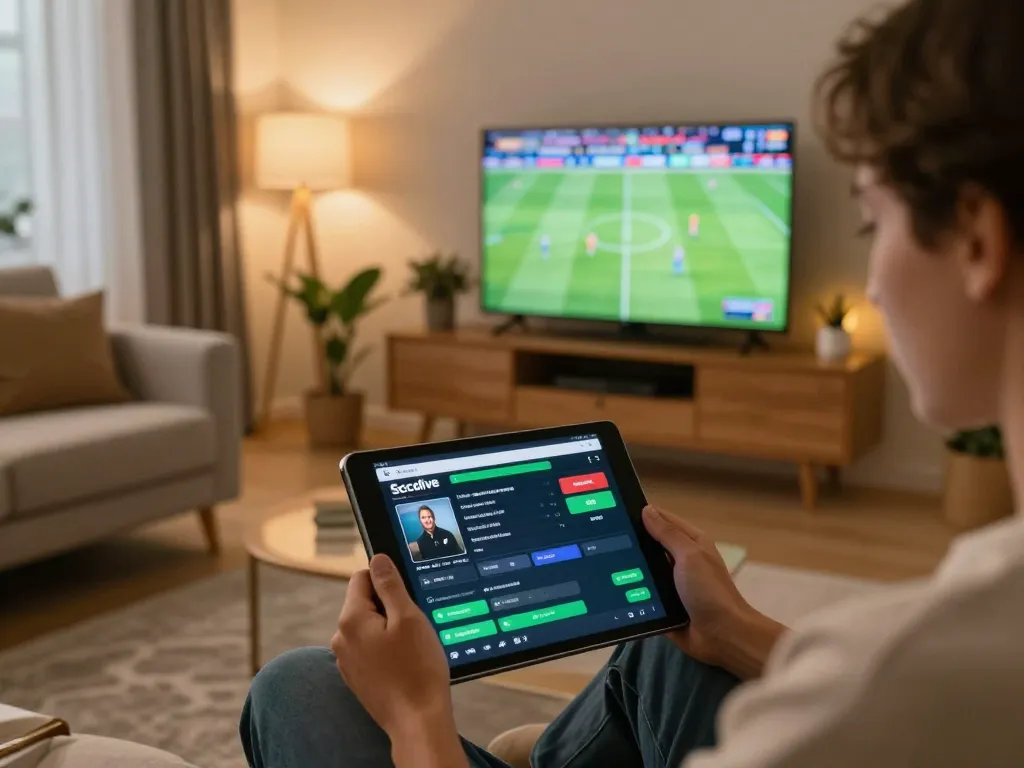 Engaging in online sports betting through Socolive on a tablet in a cozy living room setting.