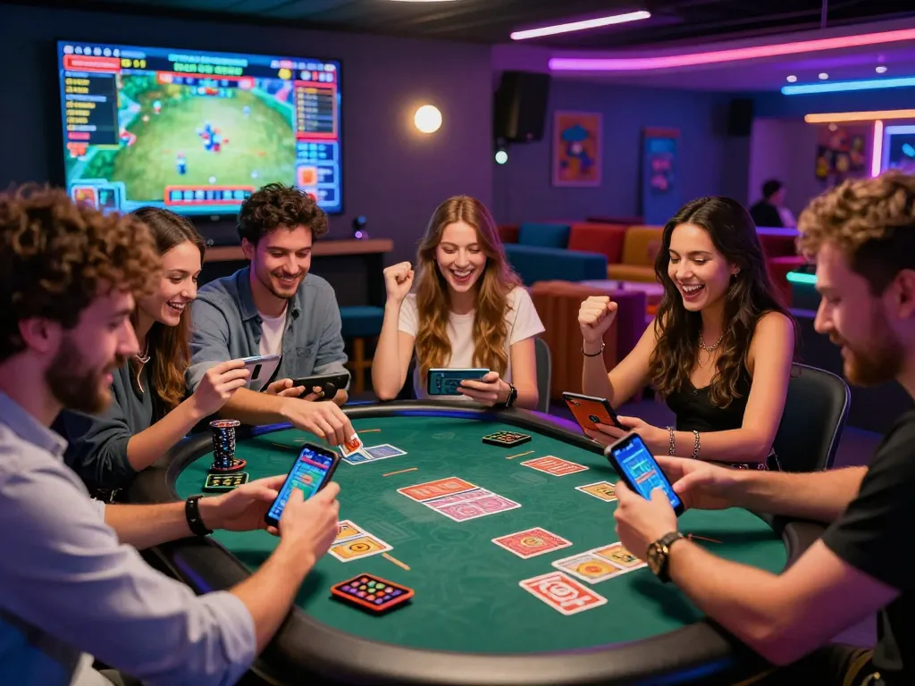 Friends enjoying the excitement of tải sun win games in a lively casino atmosphere