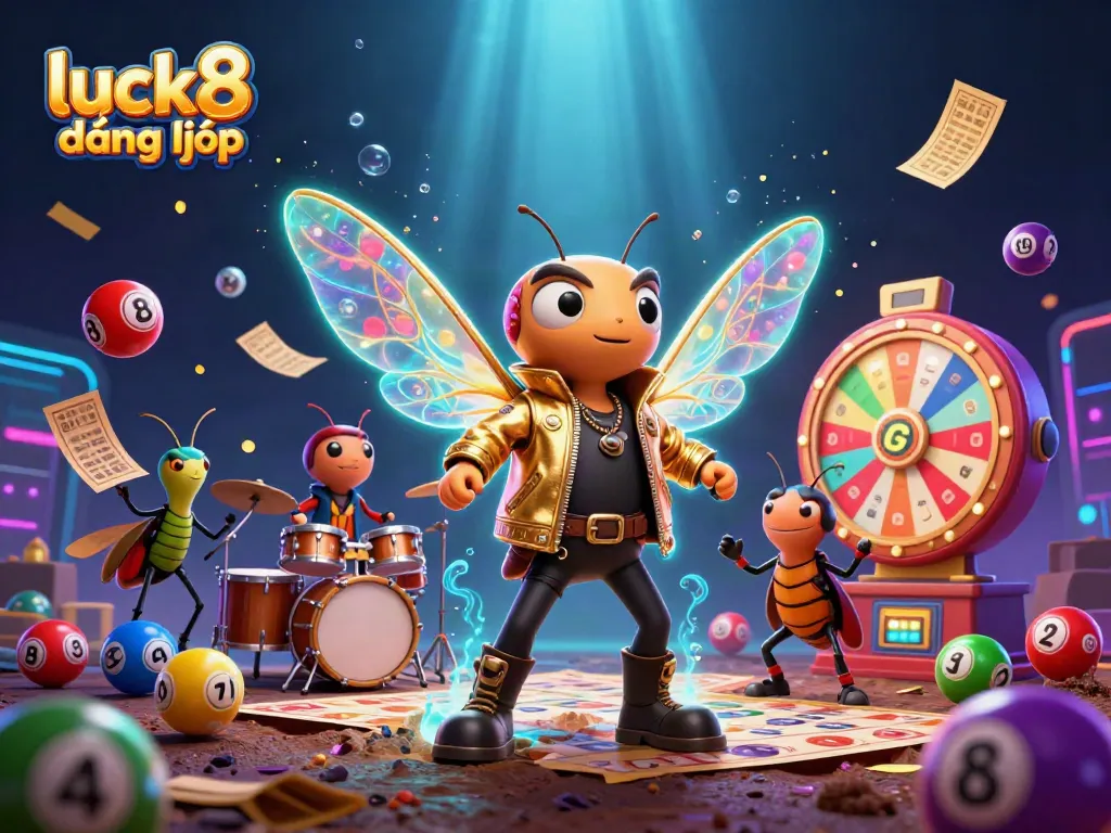 Experience the thrill of luck8 đăng nhập with a vibrant animated casino scene featuring a rock star cicada and colorful game elements.
