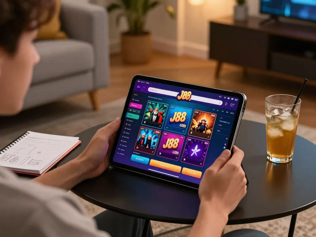Engaging online gaming with J88 .com interface shown on tablet, showcasing excitement and strategy in cozy home setting.