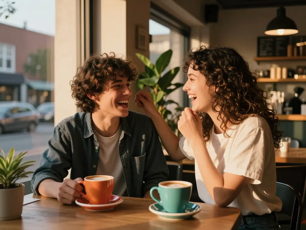 An urban couple enjoying coffee while sharing a crush on each other in a cozy café atmosphere.