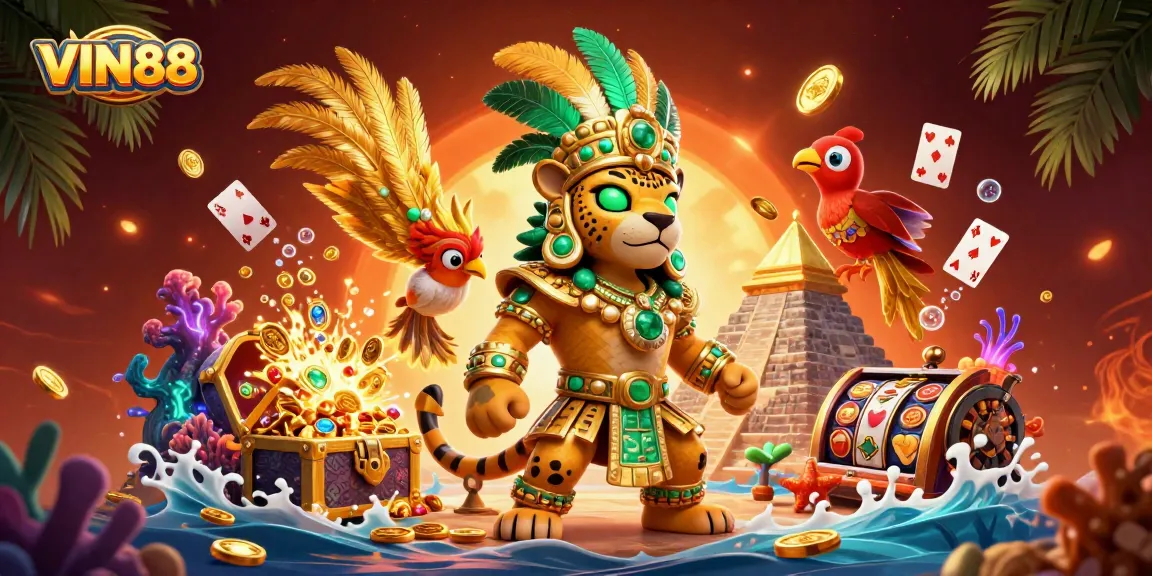 Experience the thrill of VIN88 as jaguar priest and quetzal bird explore casino treasures.