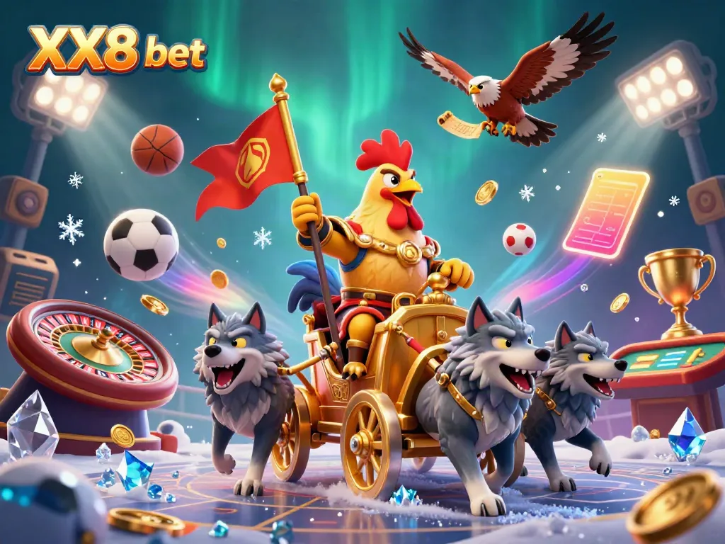 Experience the vibrant energy of XX8 bet with a dynamic live casino scene featuring a battle-ready rooster and sports elements.