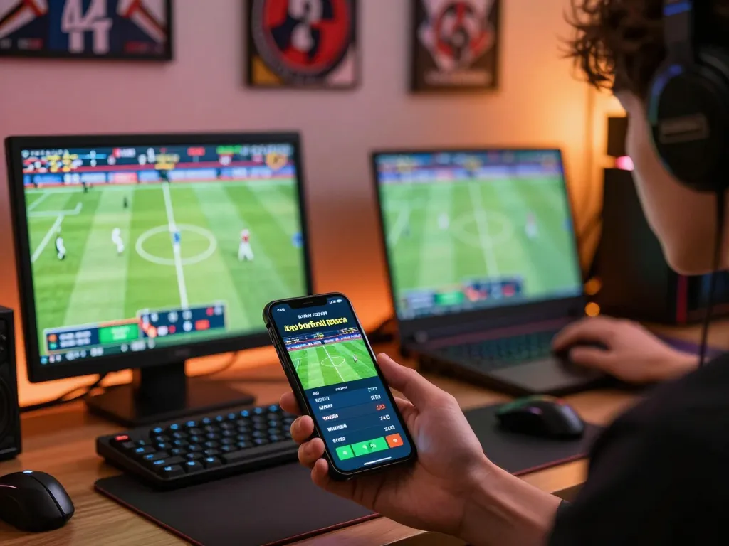 Engaging user strategy for kèo bóng đá trực tuyến on smartphone in a modern gaming setup.