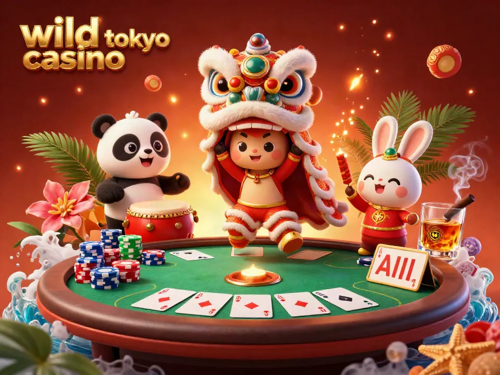 Experience the excitement at wild tokyo casino with a lively poker scene full of colorful characters and casino elements.