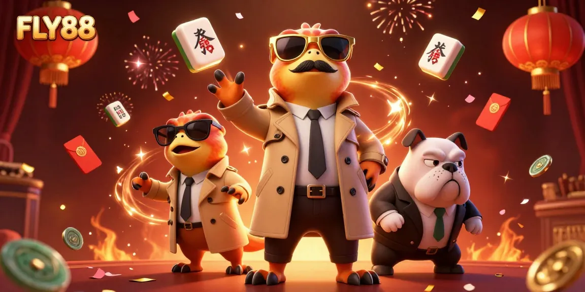 FLY88 showcases three raptors in a trench coat entering a VIP lounge, surrounded by casino elements.