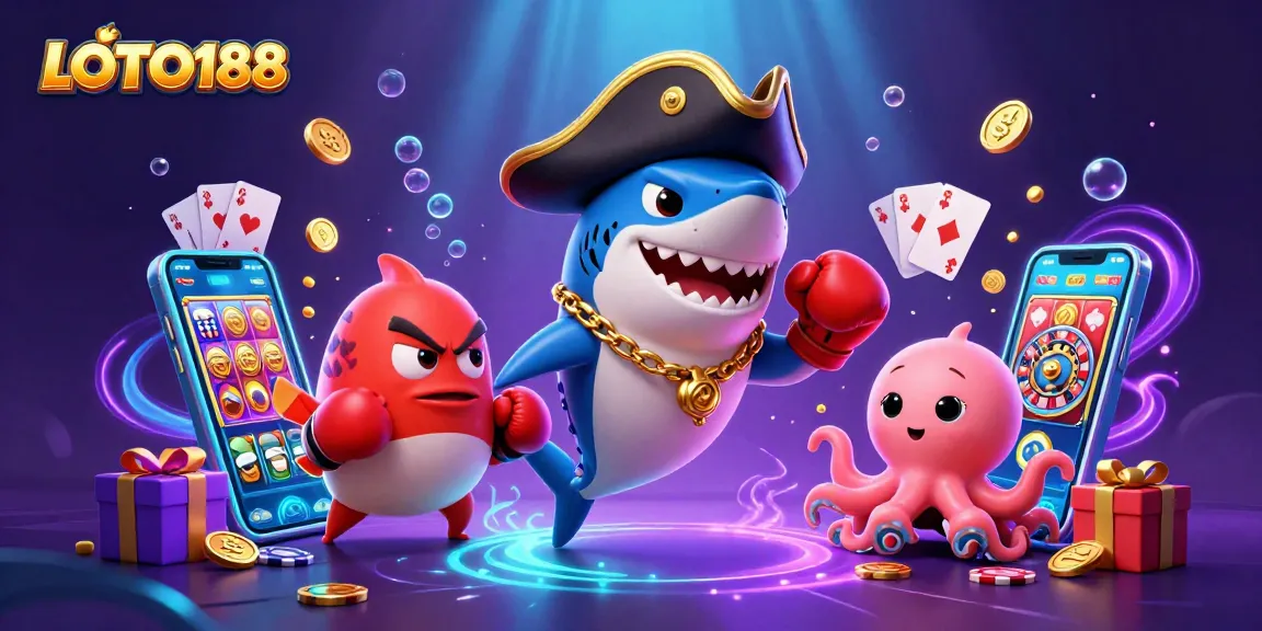 Play slots with LOTO188 as a shark and friends celebrate winning big with coins and games.
