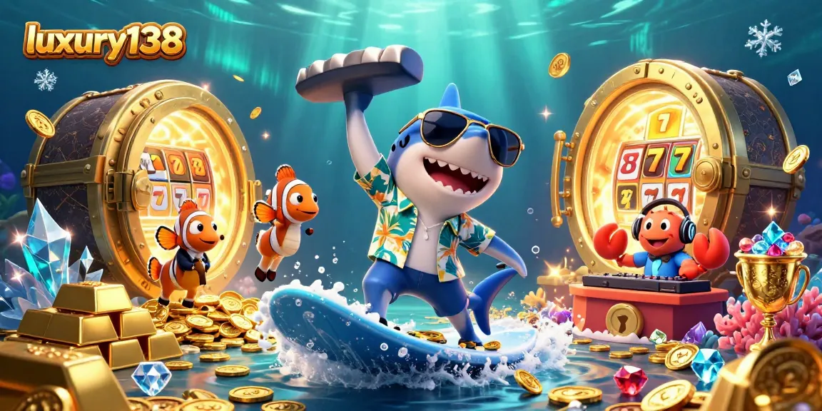 Experience thrilling gameplay with luxury138 featuring a shark surfing on gold coins among exciting slot designs.