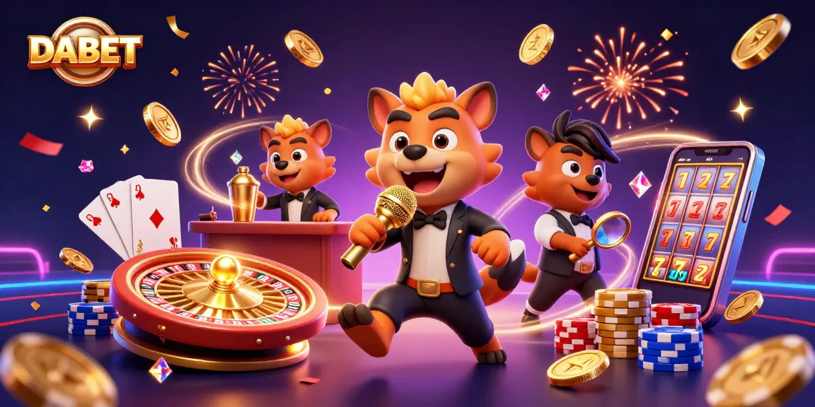 DABET entertains with a lively casino scene featuring hyenas showcasing comedy, cocktails, and security in a fun atmosphere.