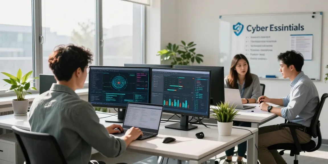 Cyber essentials accreditation showcased in a modern office with analysts working diligently on compliance strategies.