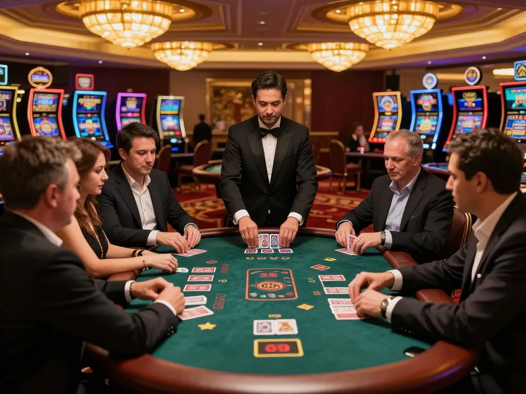 Players at LC88 engage in a strategic blackjack game on a vibrant casino floor.