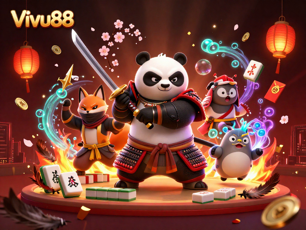 Engage with Vivu88 in a vibrant cockfighting scene featuring 3D characters and dynamic casino elements.